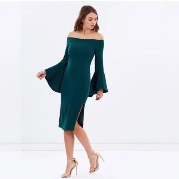 NWT Bardot Off The Shoulder Bell Sleeve Midi Length Solange Dress Women 8 Teal - Picture 1 of 12